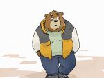  2022 anthro black_nose blush bottomwear brown_body clothing hi_res kemono male mammal overweight overweight_male pants pommn_mn shirt solo topwear ursid 