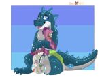  animate_inanimate anthro clothed clothing diaper dinosaur feet hugging_object hugging_plushie infantilism inflatable living_inflatable male plushie pool_toy pull-ups_(diaper) reptile scalie simple_background skipper smile solo spazzywolf theropod tyrannosaurid tyrannosaurus tyrannosaurus_rex watermark wearing_diaper 