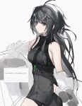  1girl arknights bare_shoulders belt black_hair black_shirt breasts chest_harness clothes_down coat commentary_request expressionless feather_hair from_side grey_eyes hair_ornament hairclip harness highres impossible_clothes impossible_shirt la_pluma_(arknights) long_hair looking_at_viewer medium_breasts micro_shorts off_shoulder request_inset shirt shorts simple_background sleeveless sleeveless_shirt solo turtleneck turtleneck_shirt white_background white_coat yao_krr 