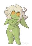 2022 ahoge crossed_arms digital_drawing_(artwork) digital_media_(artwork) female glowyskull goblin green_body hair heart_ahoge humanoid humanoid_pointy_ears looking_down markings nipples nude pointy_ears pubes scar sharp_teeth solo spots spotted_body teeth white_hair yellow_sclera