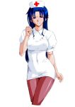 1girl black_pantyhose blue_eyes blue_hair character_request grin long_hair looking_at_viewer nurse pantyhose qkat_(arikawa-dou) simple_background smile solo super_real_mahjong teeth very_long_hair white_background 