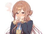  1girl blue_eyes blue_jacket blue_ribbon blush brown_hair commentary gakuen_idolmaster hair_bun hatsuboshi_gakuen_school_uniform highres himesaki_rinami idolmaster interlocked_fingers jacket long_hair long_sleeves looking_at_viewer neck_ribbon nose_blush ribbon school_uniform shirt sidelocks sleeves_past_wrists solo sweater uminokaisen upper_body white_background white_shirt yellow_sweater 