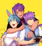  3boys :d absurdres animal_ears benzbt black_shirt blue_eyes blue_hair blue_vest cat_boy cat_ears fang green_eyes hair_ornament highres holding holding_phone hood hooded_vest hoodie male_focus multiple_boys original phone purple_hair rabbit_ears shirt smile vest whiskers white_shirt yellow_background 