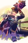  1boy 1girl black_hair blonde_hair brown_eyes creature dress echo_(circa) elize_lutus frills full_body gloves hug hug_from_behind jude_mathis long_hair open_mouth smile tales_of_(series) tales_of_xillia teepo_(tales) 