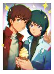  2boys artist_name black_shirt blue_eyes blue_jacket border brown_hair chromatic_aberration closed_mouth commentary ekomozzarella food green_eyes green_hair gundam gundam_zz highres holding holding_food holding_ice_cream ice_cream ice_cream_cone jacket judau_ashta kamille_bidan long_sleeves looking_at_viewer male_focus multiple_boys o3o one_eye_closed open_clothes open_jacket puckered_lips red_jacket shirt short_hair signature sparkle symbol-only_commentary thick_eyebrows turtleneck upper_body v v-shaped_eyebrows white_border white_shirt zeta_gundam 