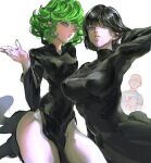  black_dress dress fubuki_(one-punch_man) green_eyes green_hair highres one-punch_man saitama_(one-punch_man) simple_background tatsumaki uu0000322 white_background 
