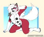 8_breasts animal_genitalia animal_vulva anthro black_nipples breasts canine_genitalia canine_vulva cassettewaves female fur generation_7_pokemon genitals hand_behind_head hi_res kneeling lips lycanroc multi_breast nintendo nipples pokemon pokemon_(species) red_body red_fur solo thick_bottom_lip thick_lips
