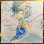  1girl absurdres armlet artist_name bare_shoulders blue_eyes blue_hair blue_shirt blue_sleeves cape chinese_commentary closed_mouth collared_cape commentary_request detached_sleeves eyelashes floating_cape fortissimo hair_between_eyes hair_ornament hairclip happy highres jewelry magical_girl mahou_shoujo_madoka_magica mahou_shoujo_madoka_magica_(anime) miki_sayaka musical_note musical_note_hair_ornament pointy_nose riko-m shirt short_hair smile solo strapless strapless_shirt streamers thank_you traditional_media upper_body white_background white_cape 