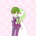  1girl 1other androgynous arm_at_side arm_hug ascot blush bob_cut brooch checkered_background closed_mouth collared_shirt colored_skin commentary_request flat_chest flat_color gardevoir green_hair green_skin hair_between_eyes hair_over_one_eye hand_up happy heart heart_background highres interspecies jacket jewelry long_sleeves looking_at_another looking_to_the_side multicolored_skin one_eye_closed one_eye_covered open_clothes open_jacket original pants pink_background pokemon pokemon_(creature) pokemon_legends:_z-a purple_ascot purple_jacket purple_pants raised_eyebrows red_eyes shirt shirt_tucked_in short_hair sideways_glance smile standing two-tone_skin white_shirt white_skin yuri_(fl0werspace) 