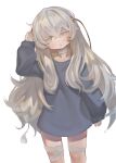 1girl :o arm_up bandaged_leg bandages bangs black_shirt choker colored_eyelashes commentary_request dokomon girls&#039;_frontline grey_hair hair_between_eyes head_tilt highres korean_commentary long_hair long_sleeves parted_lips puffy_long_sleeves puffy_sleeves ribeyrolles_(girls&#039;_frontline) shirt simple_background sleeves_past_wrists solo very_long_hair white_background white_choker 
