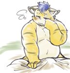  1boy animal_ears belly blanket blue_hair bulge closed_mouth commentary_request exe_exem fat furry furry_male half-closed_eyes kai_(tamacolle) male_focus navel sleepy squeans tamacolle tiger_boy tiger_ears tiger_stripes wavy_mouth 