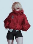  1girl absurdres ahoge bekus bike_shorts black_shorts blonde_hair blush commentary covered_mouth cowboy_shot double-parted_bangs hair_between_eyes hands_in_pockets highres hood hooded_jacket jacket long_sleeves looking_at_viewer luciana_de_montefio puffy_long_sleeves puffy_sleeves red_eyes red_jacket shorts signature simple_background solo standing white_background zenless_zone_zero 