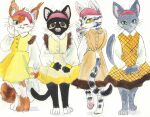 2017 4_toes accessory alternative_fashion anthro barefoot black_body black_fur blush bottomwear calico_cat claws clothed clothing digitigrade domestic_cat dress feet felid feline felis female fingers fur green_eyes grey_body grey_fur group headband headgear hi_res licking looking_at_viewer mammal markings mottled multicolored_body multicolored_fur one_eye_closed open_mouth orange_body orange_fur painting_(artwork) pawpads paws piebald pink_pawpads sibaketsu simple_background skirt smile standing stripes tail toes tongue tongue_out topwear traditional_media_(artwork) tuft watercolor_(artwork) whiskers white_background white_body white_fur wink yellow_clothing yellow_dress yellow_eyes