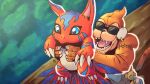  absurdres addriano_divino blue_eyes blurry blurry_background claws digimon digimon_(creature) elecmon english_commentary etemon forest highres lifting_animal monzaemon nature open_mouth sharp_teeth sunglasses teeth the_lion_king tree 