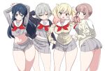  4girls :d arms_up ass blonde_hair blue_cardigan blue_eyes blue_hair blush breasts brown_eyes brown_hair cardigan choppy_bangs closed_mouth commentary_request crop_top crop_top_overhang cropped_shirt dot_mouth double-parted_bangs expressionless gradient_hair grey_background grey_eyes grey_hair grey_serafuku grey_shirt grey_skirt hair_between_eyes hand_up hands_on_own_hips highres hinomori_shiho hoshino_ichika_(project_sekai) large_breasts long_bangs long_hair long_sleeves looking_at_viewer looking_back medium_hair microskirt midriff miniskirt mochizuki_honami moeruru8812 multicolored_hair multiple_girls navel neckerchief open_cardigan open_clothes open_mouth pink_eyes pleated_skirt project_sekai raised_inner_eyebrows red_neckerchief sailor_collar school_uniform serafuku shirt short_hair sidelocks simple_background skirt smile split_mouth standing stomach tenma_saki twintails white_sailor_collar yellow_cardigan 