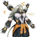  1boy artist_name banyue_(zenless_zone_zero) claws clothes_around_waist english_commentary extra_arms grey_hair heart highres jacket jacket_around_waist male_focus rmpgns robot_boy tail white_background zenless_zone_zero 