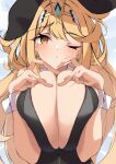  1girl absurdres alternate_costume black_leotard blonde_hair breasts breasts_squeezed_together bunny_day cleavage commentary_request earrings four-finger_heart_hands heart heart_hands highres huge_breasts jewelry leotard long_hair looking_at_viewer lying midriff mikan_(mika_n95) mythra_(xenoblade) on_back one_eye_closed paid_reward_available playboy_bunny swept_bangs tiara very_long_hair white_wrist_cuffs wrist_cuffs xenoblade_chronicles_(series) xenoblade_chronicles_2 yellow_eyes 