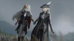  2girls absurdres ascot blonde_hair bloodborne crisslioo duchess_(elden_ring) elden_ring elden_ring_nightreign fromsoftware gloves hat hat_feather highres holding holding_hands lady_maria_of_the_astral_clocktower long_hair multiple_girls ponytail tricorne white_ascot white_gloves white_hair 