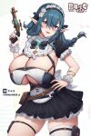 1girl bangs blue_hair blush bracelet braid breasts gun hand_on_hip highres holding holding_gun holding_weapon huge_breasts jewelry kannko_bokujou original parted_lips pointy_ears purple_eyes short_sleeves single_thighhigh smile solo thigh_pouch thigh_strap thighhighs thighs weapon white_thighhighs 