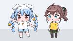  2girls ahoge animal_ears bare_shoulders black_skirt black_thighhighs blue_eyes blue_hair blue_shorts blush_stickers bow braid brown_hair brown_shoes carrot_hair_ornament chibi closed_mouth commentary_request ears_down food-themed_hair_ornament hair_bow hair_ornament highres hololive long_hair mochimiko multicolored_hair multiple_girls natsuiro_matsuri off-shoulder_shirt off_shoulder outstretched_arms pleated_skirt rabbit_ears red_eyes shirt shoes short_eyebrows short_sleeves shorts side_ponytail skirt small_sweatdrop socks spread_arms standing sweat thick_eyebrows thighhighs twin_braids twintails two-tone_hair usada_pekora very_long_hair virtual_youtuber white_bow white_hair white_shirt white_socks yellow_shirt 