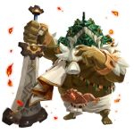  1boy abs agraston_(zelda) animal_helmet arm_up artist_request barefoot beard bracelet covered_face facial_hair feet full_body gold_trim goron green_helmet hand_up helm helmet highres holding holding_sword holding_weapon hyrule_warriors:_age_of_imprisonment jewelry magatama male_focus official_art simple_background solo stroking_beard sword the_legend_of_zelda the_legend_of_zelda:_tears_of_the_kingdom topless_male transparent_background weapon white_hair 