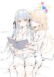  2girls absurdres bang_dream! bang_dream!_it's_mygo!!!!! blonde_hair blue_hair blush book closed_eyes closed_mouth commentary cushion drawn_ears drawn_tail heart_emoji highres holding holding_book hug hug_from_behind long_hair medium_hair misumi_uika multiple_girls reading sen_jin_chen shirt shorts sitting sitting_on_lap sitting_on_person stuffed_animal stuffed_octopus stuffed_toy symbol-only_commentary togawa_sakiko yellow_eyes yuri 