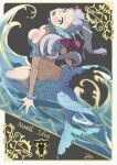  1girl absurdres artist_name black_bull_(emblem) black_clover blush breasts cleavage dated grey_hair hair_ribbon highres looking_at_viewer looking_back mermaid midriff monster_girl noelle_silva open_mouth purple_ribbon ribbon signature silra-17 solo tiara twintails water 