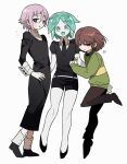  3others aqua_eyes aqua_hair black_dress black_eyes black_necktie black_shoes bright_pupils brown_hair chara_(undertale) colored_skin crona_(soul_eater) crossover dress full_body gem_uniform_(houseki_no_kuni) green_sweater highres houseki_no_kuni long_sleeves looking_at_viewer multiple_others necktie other_focus pants phosphophyllite puffy_short_sleeves puffy_sleeves purple_hair red_eyes shiryoku_kensa shoes short_hair short_sleeves simple_background sleeve_cuffs smile soul_eater sweater undertale utdr_(toby_fox) white_background white_pupils white_skin 