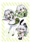  1girl absurdres alternate_costume animal_ears apron black_leotard blush bow bowtie breasts closed_mouth collar commentary_request detached_collar dress enmaided fake_animal_ears frilled_hairband frills genshin_impact gradient_hair green_bow green_bowtie green_dress green_eyes green_hair hair_between_eyes hair_ornament hairband hand_on_own_hip hands_up heart highres holding holding_tray leaf_hair_ornament leaning_forward leotard long_hair looking_at_viewer maid maid_headdress multicolored_hair multiple_views nahida_(genshin_impact) oishii_sasa padisarah_pudding playboy_bunny pointy_ears rabbit_ears side_ponytail small_breasts smile star-shaped_pupils star_(symbol) strapless strapless_leotard symbol-shaped_pupils tray white_apron white_collar white_hair white_hairband 