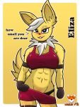  &lt;3 2022 3:4 anthro anthrofied breasts canid clothed clothing curvy_figure dialogue digital_media_(artwork) eeveelution eliza_(zerlix_fox) english_text eyelashes facial_tuft footwear generation_1_pokemon gynomorph hi_res intersex jolteon latex legwear looking_at_viewer mammal muscular nintendo pokemon pokemon_(species) pokemorph raised_clothing raised_topwear red_eyes seductive shirt signature socks solo tank_top text topwear tuft underwear video_games yellow_body zerlix_fox 