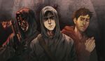  3boys afraid_of_monsters axe bag bags_under_eyes beard_stubble black_eyes black_hair blood blood_on_clothes blood_on_face blood_on_weapon brown_hair crazy_grin crossover cry_of_fear darkriallet david_leatherhoff dual_persona facial_hair grey_hoodie hand_up head_tilt highres holding holding_axe hood hood_up hoodie light_frown looking_at_viewer multiple_boys partially_shaded_face red_hoodie short_hair shoulder_bag simon_henriksson simon_henriksson_(book) stubble teeth upper_body upper_teeth_only weapon 