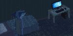 2018 anthro bed bedroom blue_body blue_fur canid canine canis clothing computer coyote demensa digital_media_(artwork) domestic_dog electronics emil_(demensa) fur furniture grey_clothing grey_shirt grey_t-shirt grey_topwear inside light male mammal pixel_(artwork) shirt solo t-shirt table topwear