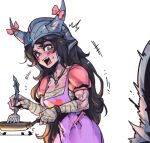  1girl :d bandaged_arm bandages bangs blush bow breasts brown_hair cleavage collarbone dress embarrassed frying_pan genderswap genderswap_(mtf) green_eyes hat hat_bow heart heart_print helmet holding holding_frying_pan holding_spatula large_breasts league_of_legends long_hair muscular muscular_female open_mouth phantom_ix_row pink_bow pink_shirt puffy_short_sleeves puffy_sleeves purple_dress shiny shiny_clothes shiny_hair shirt short_sleeves simple_background smile solo_focus spatula sweatdrop teeth tryndamere 