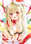  1girl blush bottomless bra bra_pull breasts christmas clothes_pull commentary_request convenient_arm english_text feet_out_of_frame green_bra green_ribbon hair_ribbon hat highres large_breasts leaning_forward looking_at_viewer marker_(medium) merry_christmas motage_illust nipples open_mouth original raised_inner_eyebrows red_eyes red_ribbon ribbon ribbon_around_body santa_hat smile solo standing traditional_media two_side_up underwear watermark wispy_bangs 