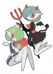  angel_and_devil angel_wings aqua_hair batrobin_k black_dress blush_stickers demon_horns demon_tail demon_wings dress food fruit full_body gardevoir green_hair halo hat highres holding holding_polearm holding_weapon horns long_sleeves looking_at_viewer no_humans nurse nurse_cap pokemon pokemon_(creature) pokemon_focus polearm polka_dot polka_dot_background red_eyes short_hair smile strawberry tail traditional_halo trident weapon white_background wings 