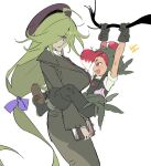  2girls :d age_difference arms_up bare_arms beret black_boots black_overalls book boots bow branch breasts closed_mouth coat collared_shirt colored_tips commentary_request cookie_run cookie_run:_witch&#039;s_castle cowboy_shot eye_contact fang from_side full_body green_coat green_hair green_headscarf hair_bow hair_bun hat headscarf highres holding holding_book holding_branch humanization korean_commentary large_breasts long_hair looking_at_another low-tied_long_hair multicolored_hair multiple_girls ohta_guk_hip open_mouth overalls profile purple_bow purple_eyes purple_hat radish_cookie red_eyes red_hair rosemary_cookie shirt short_hair short_sleeves siblings sideways_mouth simple_background single_hair_bun sisters smile standing sweatdrop two-tone_hair very_long_hair white_background white_hair white_shirt 