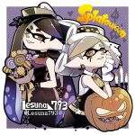  +_+ 2girls artist_name black_dress black_hair bouquet breasts brown_eyes callie_(splatoon) candlestand candy copyright_name cousins domino_mask dress elbow_rest food gloves grey_hair hat head_rest highres holding holding_bouquet jack-o&#039;-lantern lesuna lollipop long_hair marie_(splatoon) mask medium_breasts mole mole_under_eye multiple_girls runny_makeup see-through smile splatoon_(series) splatoon_1 tentacle_hair top_hat twitter_username very_long_hair watermark white_gloves 