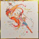  1girl absurdres antenna_hair bare_shoulders black_bow black_thighhighs black_wrist_cuffs boots bow chain closed_mouth confetti detached_sleeves dress eyelashes floating floating_clothes floating_hair frilled_dress frills full_body gem hair_bow highres holding holding_polearm holding_weapon knee_boots long_hair long_sleeves looking_to_the_side magical_girl mahou_shoujo_madoka_magica mahou_shoujo_madoka_magica_(anime) miniskirt nunchaku pink_skirt pleated_skirt polearm ponytail red_boots red_dress red_eyes red_gemstone red_hair riko-m sakura_kyoko skirt skirt_under_dress sleeveless sleeveless_dress smile solo soul_gem spear tailcoat thank_you thighhighs twitter_username very_long_hair weapon white_background white_sleeves wrist_cuffs 