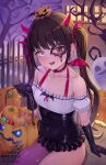  1girl absurdres bare_shoulders black_dress black_gloves black_hair black_mask blush breasts brown_dust_(series) brown_dust_2 choker collarbone commentary covered_navel demon_horns dress elbow_gloves food-themed_hair_ornament gloves hair_ornament halloween halloween_costume heterochromia highres horns jack-o&#039;-lantern long_hair looking_at_viewer mask off-shoulder_dress off_shoulder open_mouth pink_choker pumpkin_hair_ornament short_dress single_leg_pantyhose sitting small_breasts solo sonya_(brown_dust_2) sweatdrop two_side_up xia_0328 