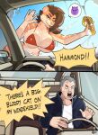 absurd_res angry anthro bedroom_eyes big_breasts bikini bikini_top blush breast_squish breasts brown_hair car car_wash clothing dominant dominant_female driving duo fangs felid female fur hair hi_res human humanoid jeremy_clarkson looking_at_viewer male mammal meme narrowed_eyes pantherine pink_nose prehistoric_species saber-toothed_tiger sabertooth_(anatomy) seductive silly soap sponge squish stripes suds swimwear tan_body tan_fur teeth thick_thighs tianiseul tongue tongue_out toofer top_gear two-piece_swimsuit two_panel_image vehicle water windshield