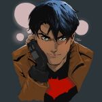  1boy bat_signal batman_(series) batman_symbol black_bodysuit black_hair bodysuit dc_comics dexter_soy gloves grey_bodysuit highres jason_todd looking_at_viewer male_focus multicolored_bodysuit muscular red_hood_(dc) red_hood_and_the_outlaws short_hair simple_background solo superhero_costume two-tone_bodysuit upper_body western_comics_(style) 