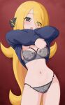 1girl alternate_costume blonde_hair blue_sweater bra breasts clothes_lift contrapposto cowboy_shot cynthia_(pokemon) floral_print floral_print_bra floral_print_panties grey_bra grey_eyes grey_panties hair_ornament hair_over_one_eye highres kai-too long_hair long_sleeves looking_at_viewer medium_breasts navel open_mouth panties pokemon pokemon_dppt print_panties red_background solo sweater sweater_lift underwear undressing very_long_hair 