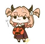  1girl :3 absurdres brown_dress chibi chibi_only closed_mouth commentary demon_horns dress fake_horns full_body ghost_hair_ornament halloween_bucket hasu_no_sora_school_uniform highres hinoshita_kaho holding horns link!_like!_love_live! long_sleeves love_live! medium_hair neckerchief oofushi_ao orange_hair red_neckerchief sailor_collar sailor_dress school_uniform simple_background solid_circle_eyes solo standing symbol-only_commentary two_side_up virtual_youtuber white_background white_sailor_collar winter_uniform 