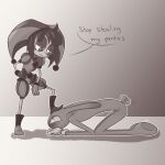 1:1 4_fingers absurd_res annoyed anthro blush blush_lines clothed clothing duo ear_blush feet female fingers foot_on_head glitch_productions gloves gloves_only half-closed_eyes handwear handwear_only hi_res humanoid jax_(tadc) kinktober kinktober_2025 kneeling lagomorph leporid male mammal mostly_nude narrowed_eyes nude pomni_(tadc) rabbit screaming_alice speech_bubble spiral spiral_eyes tail tail_motion tailwag the_amazing_digital_circus