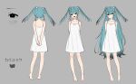  1girl aqua_hair arms_behind_back bare_legs barefoot black_eyes character_name closed_mouth collarbone concept_art double-parted_bangs dress from_behind grey_background hair_tie hassan_(sink916) hatsune_miku long_hair looking_at_viewer multiple_views official_art open_mouth production_art reference_sheet simple_background smile song_name standing sundress twintails two_side_up vocaloid white_dress 