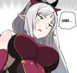  1girl bags_under_eyes bangs bare_shoulders breasts crown_of_thorns facial_mark fire_emblem fire_emblem_heroes forehead_mark from_below frown grey_hair large_breasts leotard long_hair open_mouth parted_bangs plumeria_(fire_emblem) pointy_ears ponytail solo tavi_(hosheezus) 