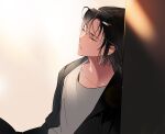  1girl against_wall black_hair black_jacket bob_cut closed_eyes commentary_request han_sooyoung hinizana jacket korean_commentary light_rays omniscient_reader&#039;s_viewpoint parted_lips shirt short_hair sleeping solo white_shirt 