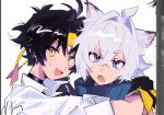  2boys animal_ear_fluff animal_ears art_program_in_frame asaba_harumasa black_hair blue_sweater blush cat_boy cat_ears choker colored_tips commentary_request fang fangs gloves hair_between_eyes hair_intakes headband hug_from_side implied_yaoi looking_at_viewer male_focus multicolored_hair multiple_boys open_mouth parted_bangs portrait purple_eyes ribbed_sweater seth_lowell shirt short_hair skin_fang sleeves_rolled_up sweatdrop sweater white_background white_hair white_shirt yellow_eyes yellow_gloves yellow_headband yzyz630 zenless_zone_zero 