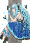  1girl aqua_hair armpit_crease black_bra black_ribbon black_shoes block_heels blue_dress blue_eyes blue_gloves blue_ribbon blush bra breasts bug butterfly colorful commentary_request corset dress from_side full_body gloves hair_ribbon half_updo highres large_breasts layered_dress leg_ribbon long_hair looking_at_viewer looking_to_the_side marker_(medium) meeya original parted_lips polka_dot polka_dot_background ribbon shoes sideboob sideways_glance sitting sleeveless sleeveless_dress solo traditional_media two-tone_background underwear very_long_hair wavy_hair 