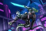 aircraft anthro armor bodysuit city city_background clothing cyberpunk digitigrade energy_sword green_body green_scales growingdragon hi_res horn jumping lizard male melee_weapon nairim neon_lights parkour reptile rollwulf scales scalie science_fiction skaar skinsuit solo sword tight_clothing vaulting vehicle weapon